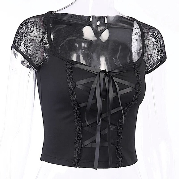 Black lace up ribbon🎀 short sleeve top - Picture 8 of 16